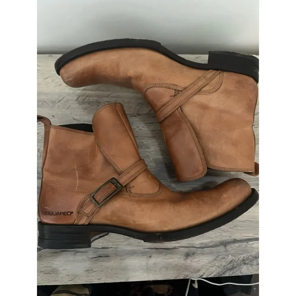 Dsquared2 Brown Vintage Leather Ankle Boots Dress Shoes Buckle Strap 46